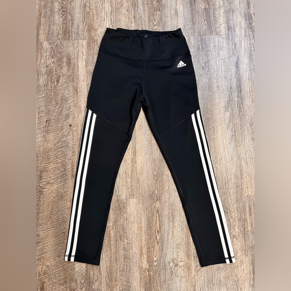 Womens ADIDAS CLIMALITE Women's Black High-Rise Leggings w/ White Stripes Sz S